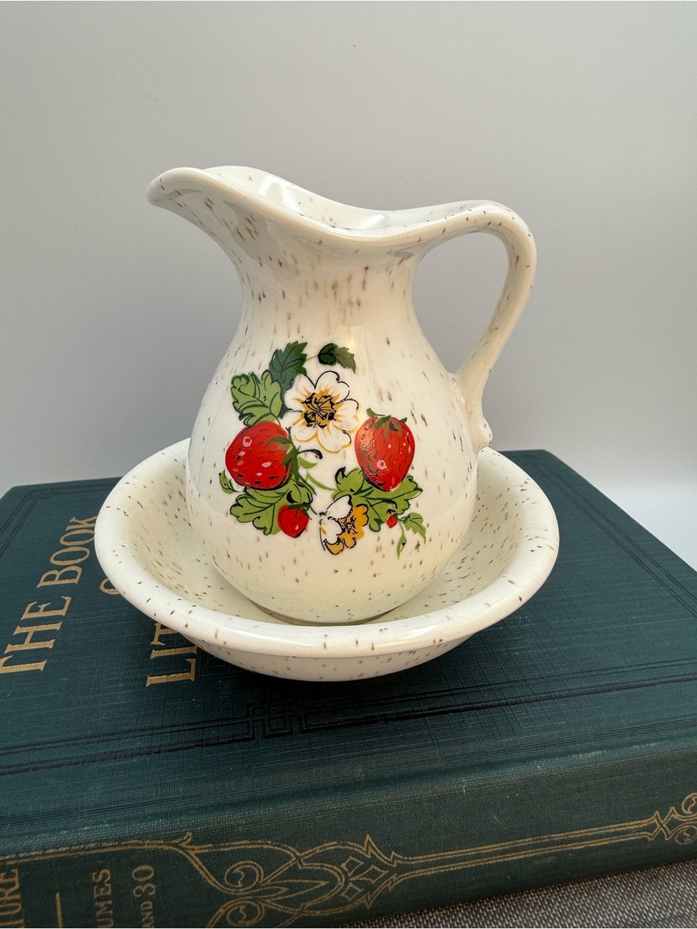 Vintage Ceramic Mini Pitcher and Basin Speckled Design with Strawberries